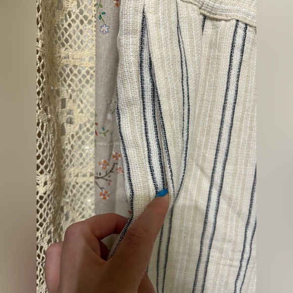 Zara White Tan Striped Cotton Pull On Pants w/ Pockets Boho Size Medium - Picture 4 of 5
